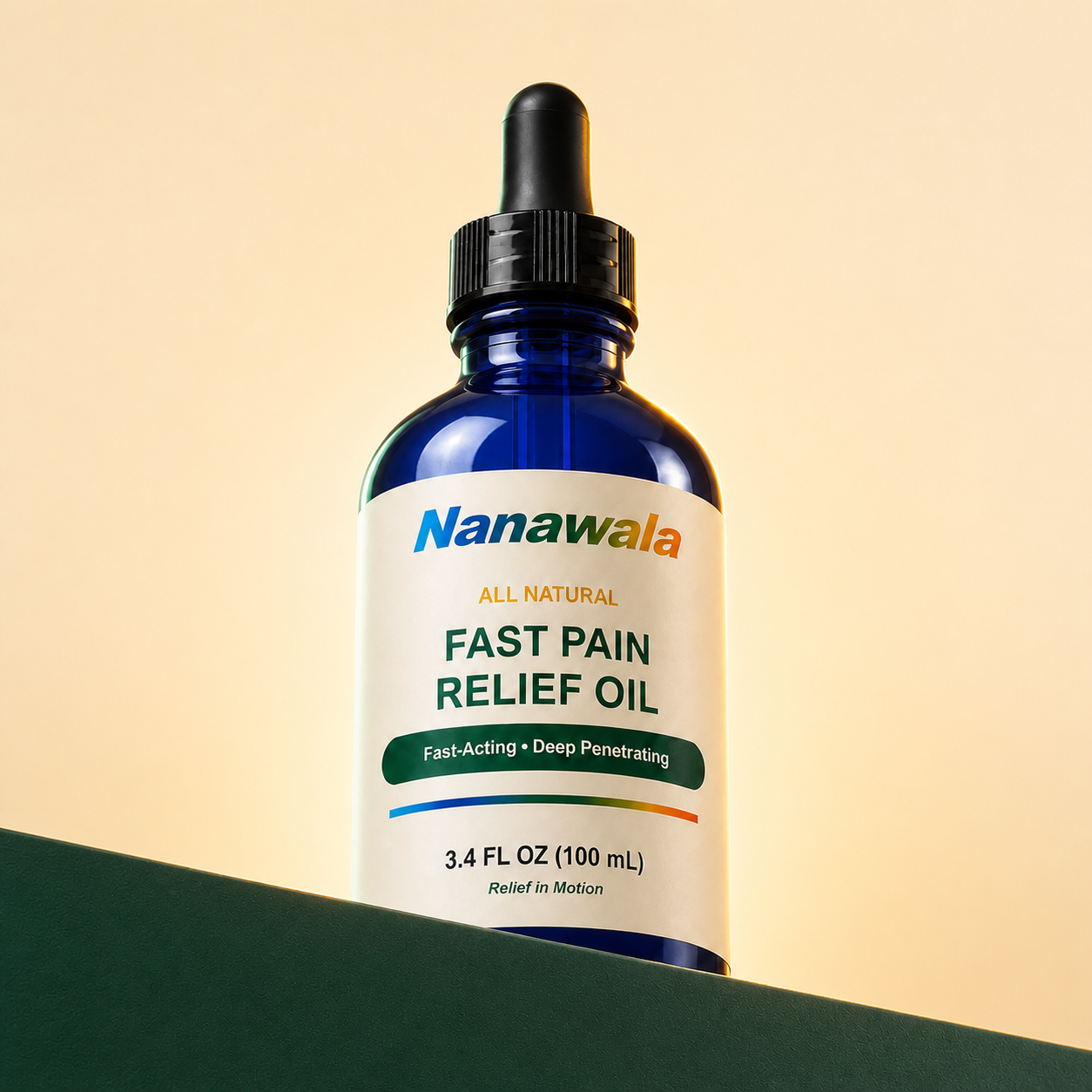 Nanawala 3.4 fl oz pain relief oil bottle on a warm cream and forest green background